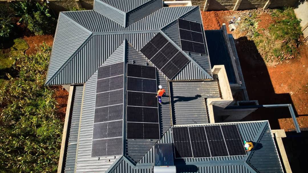 Aerial safety overview of solar installation site — engineer on site